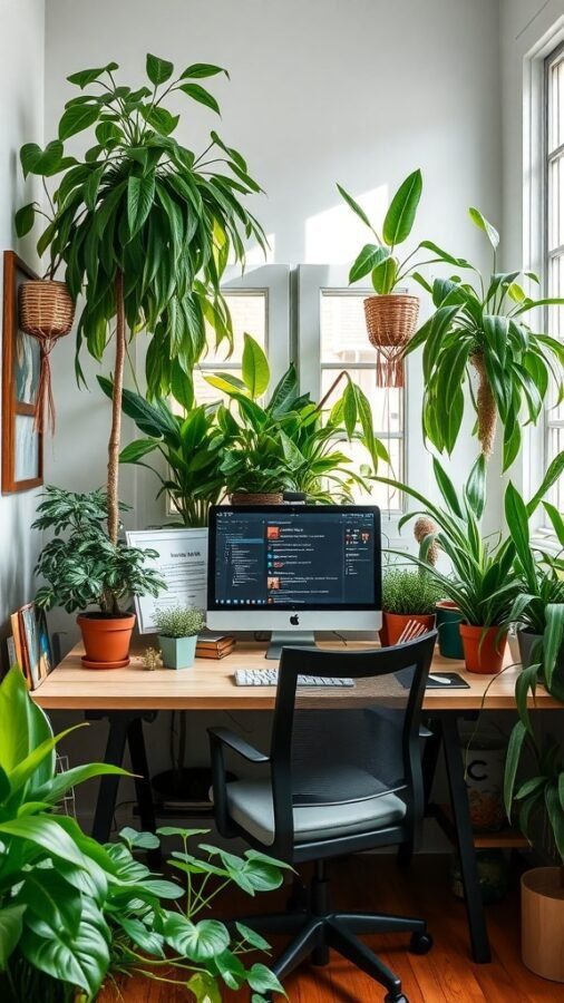A home office filled with various plants, showcasing a desk with a computer and a cozy atmosphere.