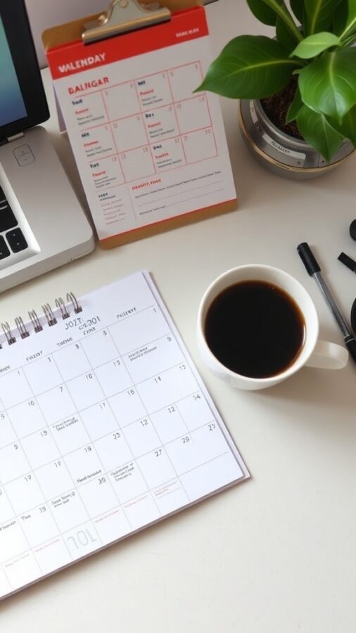 A clean home office workspace with a calendar, coffee cup, and laptop.