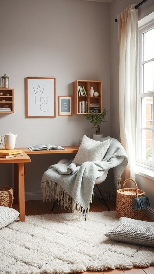 A cozy home office featuring a wooden desk, a plush chair with a blanket, a soft rug, and decorative pillows.
