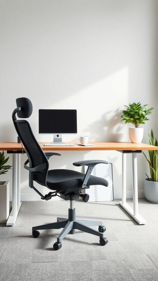 A modern home office setup featuring an ergonomic chair, a desk, a computer, and plants.