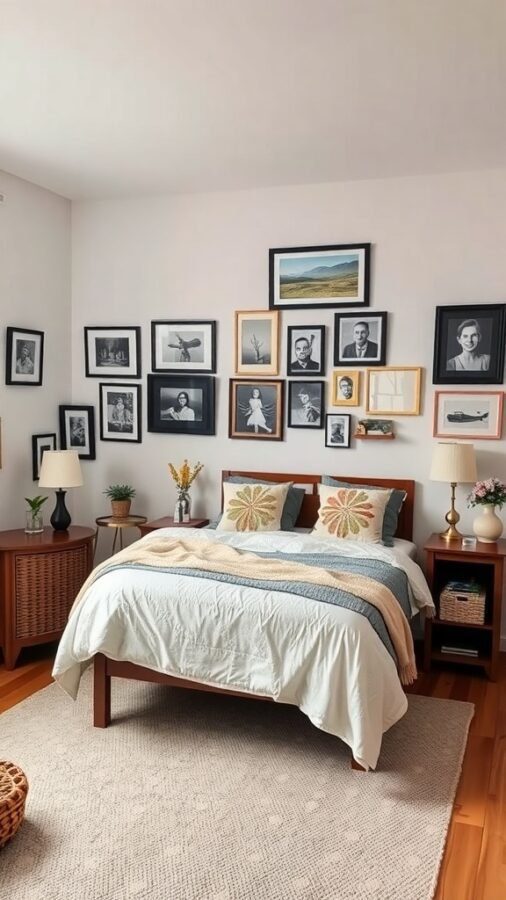 13 Essential Items for a Cozy Bedroom Retreat 2 A cozy bedroom featuring a bed with decorative pillows, a gallery wall of framed photos, and warm lighting.