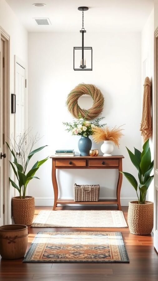 11 Cozy Home Decor Must-Haves for a Warm and Inviting Space 2 Cozy entryway with a wooden console table, flowers in a vase, a wreath, and green plants.