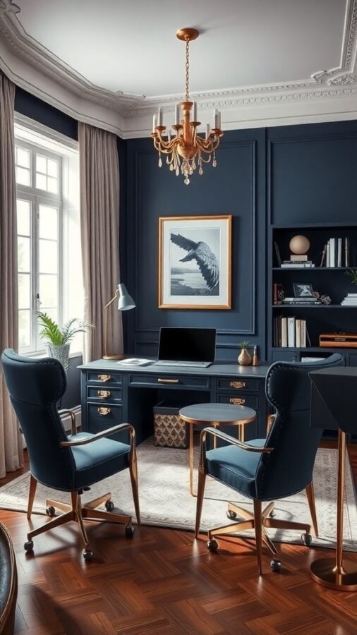 A sophisticated home office featuring navy walls, gold accents, and elegant furniture.