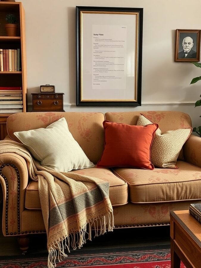 A cozy sofa with colorful pillows and a warm throw blanket, showcasing retro textiles and patterns.