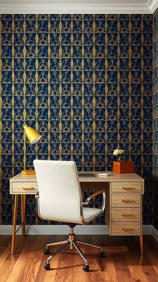 A home office featuring navy blue wallpaper with golden patterns, a modern desk, and a white chair.