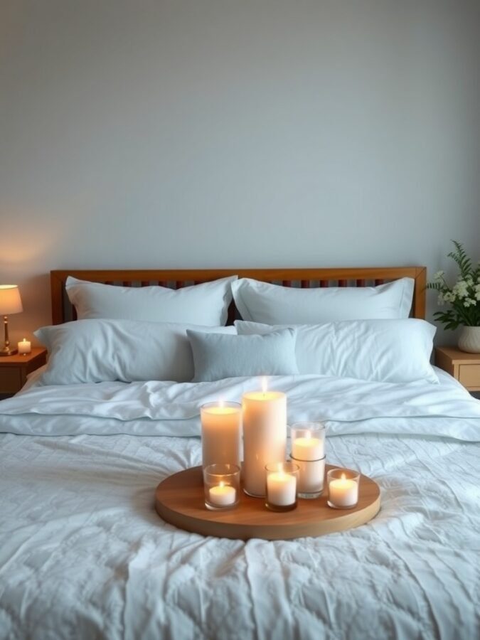 A cozy master bedroom with a candle arrangement on a wooden tray, featuring various sizes of candles glowing softly.