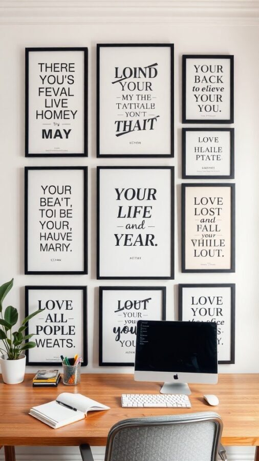 11 Inspiring Home Office Wall Decor Ideas to Boost Your Productivity 6 A home office wall decorated with motivational quotes in various frames and typography.