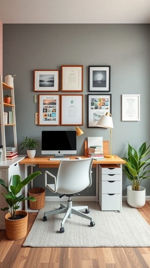 9 Must-Have Items for the Ultimate Home Office for Men 9 A stylish home office with a wooden desk, white chair, plants, and framed artwork on the wall.