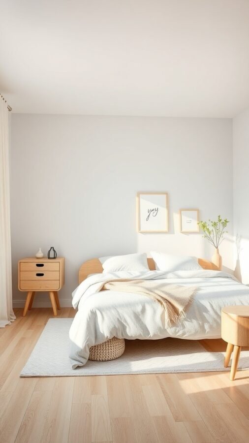 A minimalist Scandinavian bedroom featuring a light color palette, natural wood furniture, and simple decor.