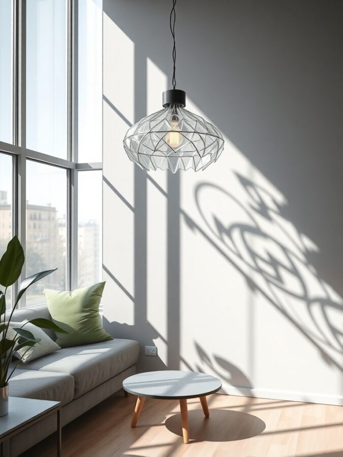 A modern pendant light hanging in a bright room with a sofa and coffee table.
