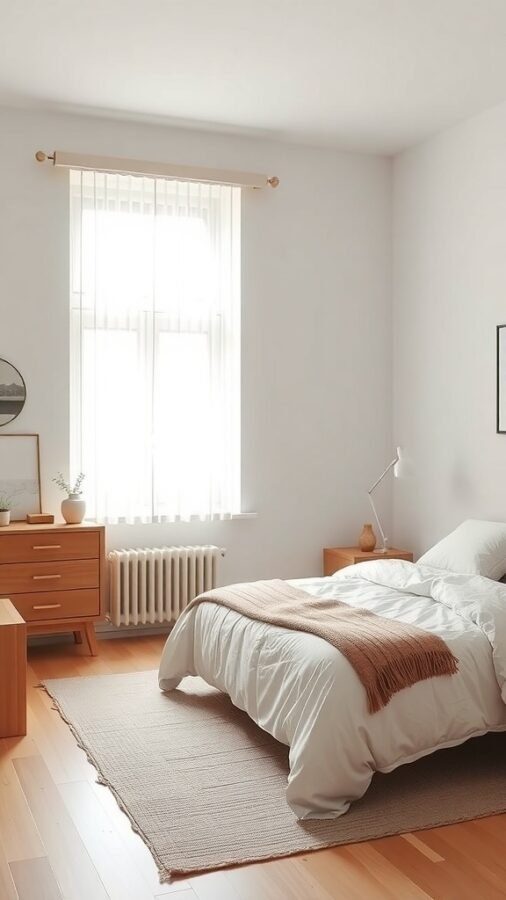 A minimalist teen boy bedroom with a bed, desk, and wooden furniture.