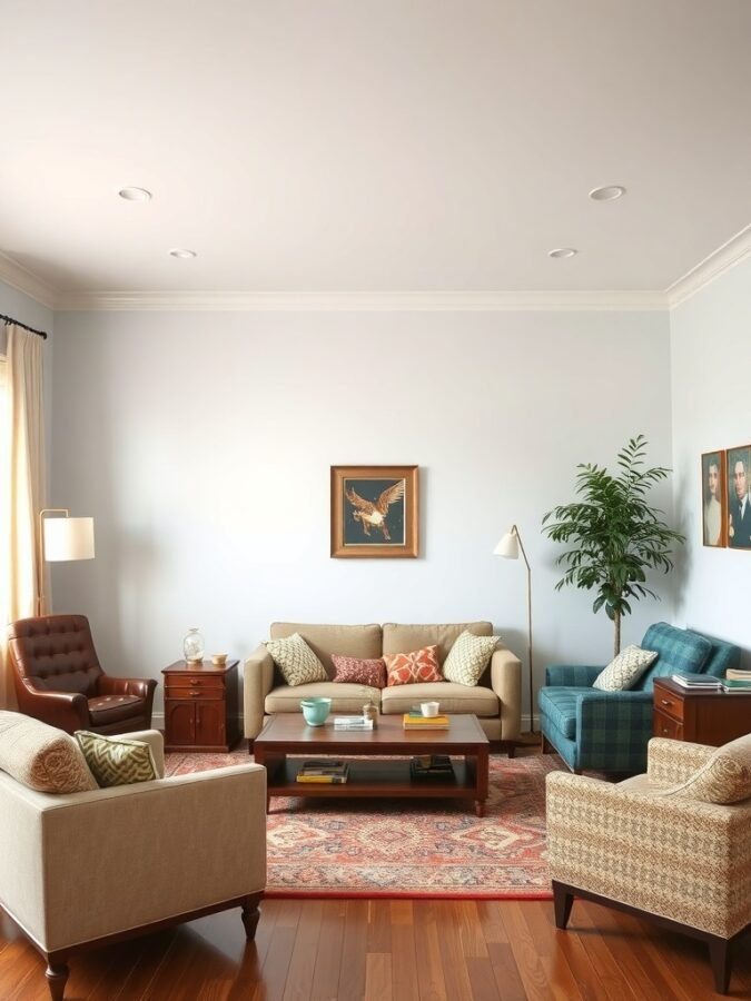 A cozy living room featuring a mix of furniture styles, including a brown leather chair, a beige sofa with colorful cushions, and a blue plaid chair, all arranged around a central coffee table.