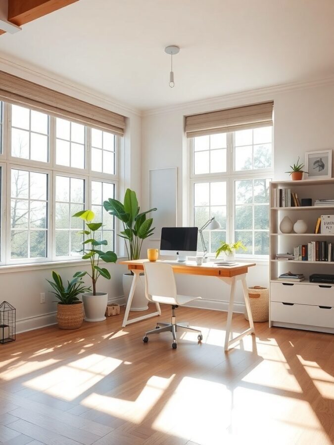 Bright home office with large window, desk, and plants