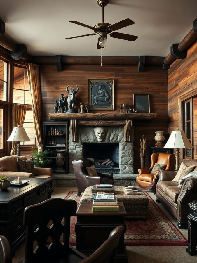 A cozy living room featuring dark wood accents, a stone fireplace, and rustic decor.