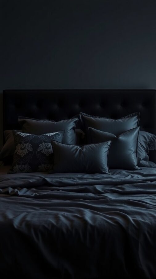 A moody bedroom with dark bedding and plush pillows