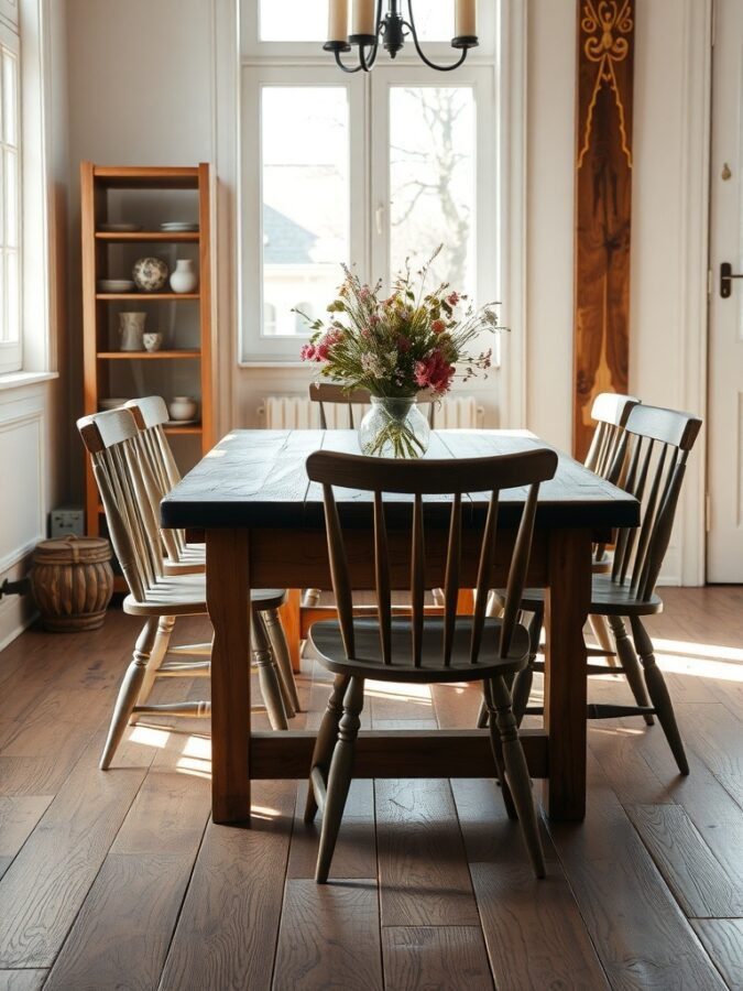 12 Charming Grandmacore Home Decor Items You Need to Try 6 A rustic dining area with a wooden table, spindle-back chairs, and a vase of flowers.