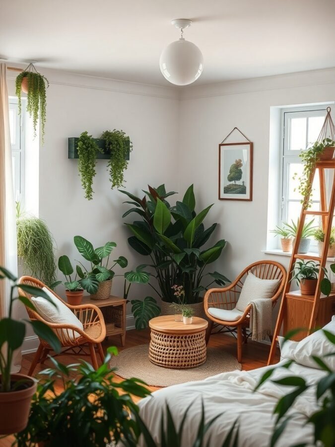 Cozy master bedroom corner with plants and natural decor