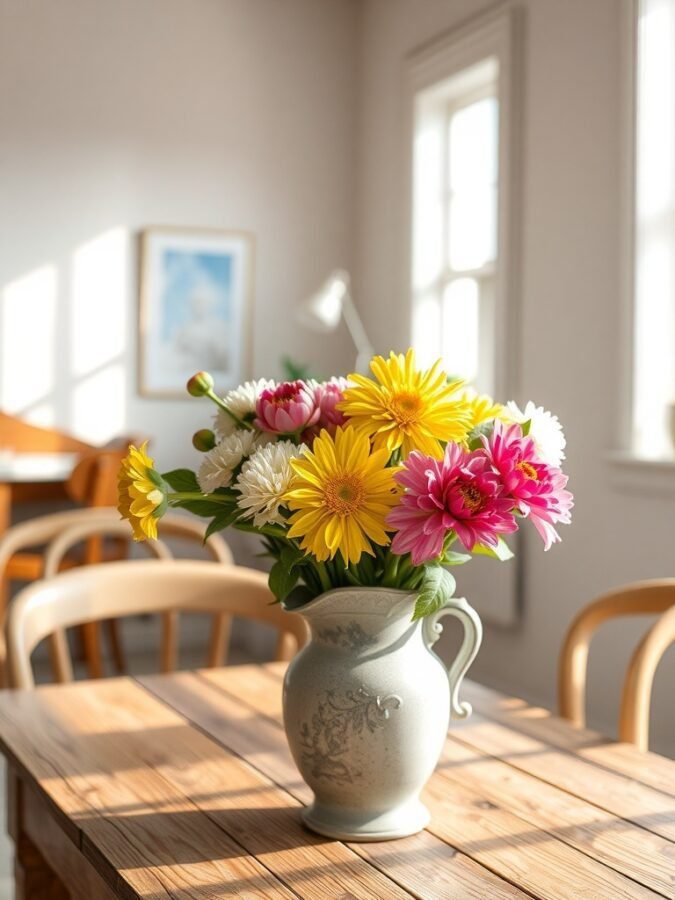A vintage vase filled with colorful flowers on a wooden table.