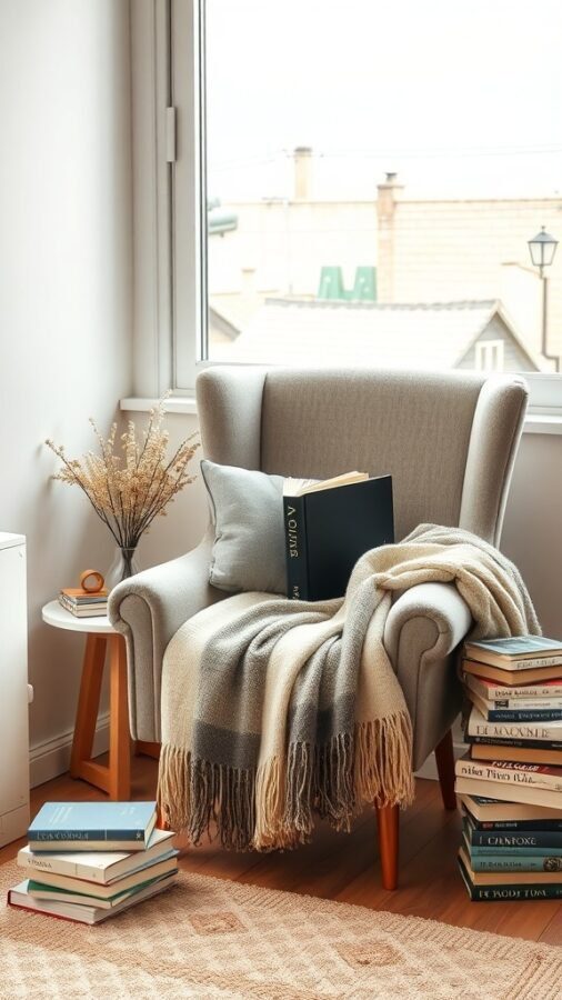 11 Cozy Home Decor Must-Haves for a Warm and Inviting Space 10 Cozy reading corner with a soft armchair, a blanket, and books stacked nearby.