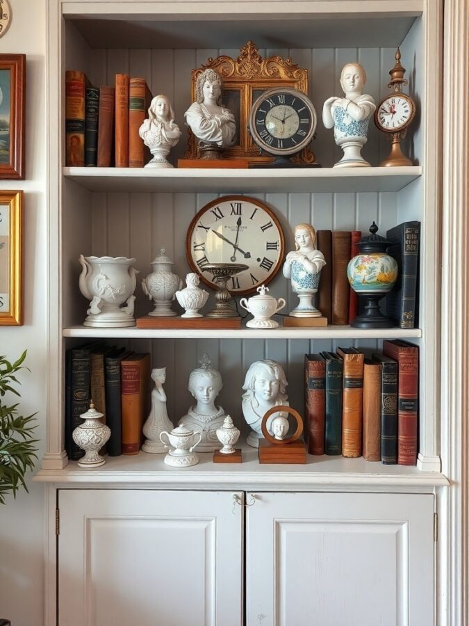 12 Charming Grandmacore Home Decor Items You Need to Try 5 A display of antique collectibles including porcelain figurines, clocks, and classic books on white shelves.