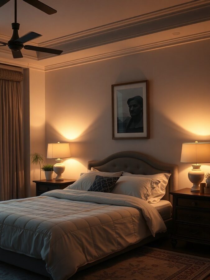 Cozy master bedroom with warm ambient lighting from lamps and ceiling fan.