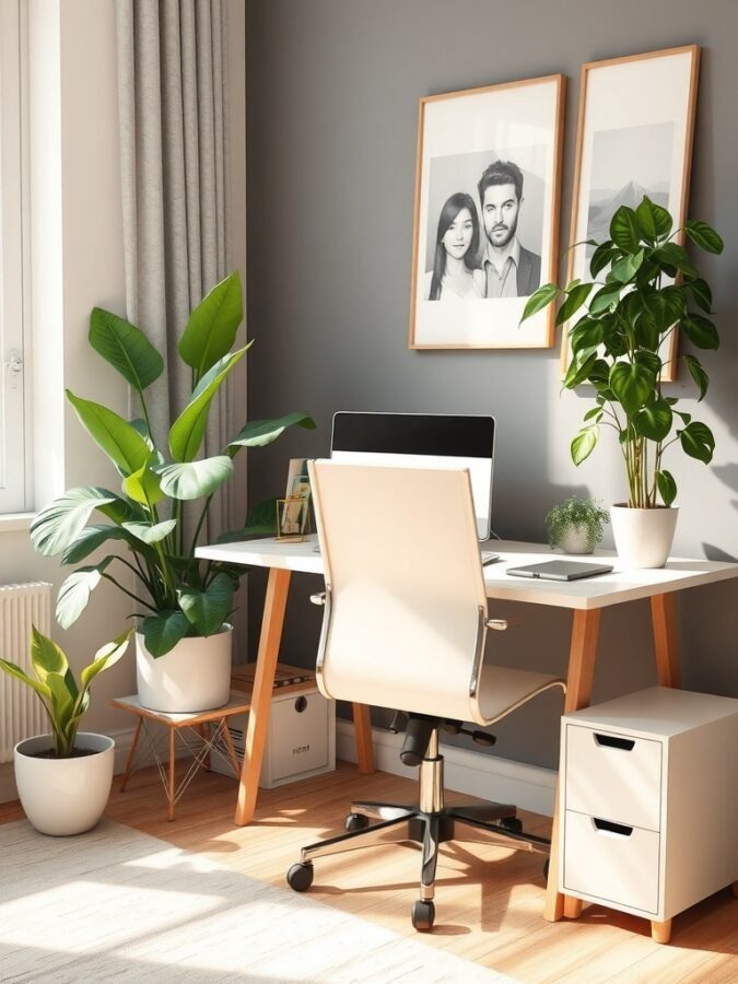 A small home office filled with various plants, featuring a wooden desk and a computer, creating a fresh and inviting atmosphere.