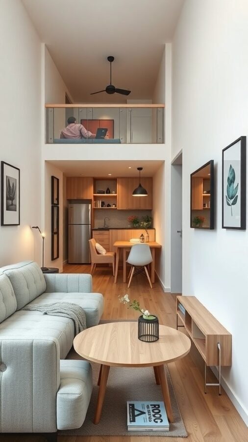 A modern small apartment with a living area, kitchen, and loft workspace.
