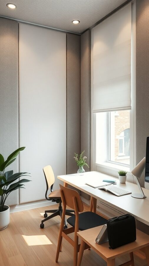 A modern home office with soundproofing features, including acoustic panels, a desk, and plants.