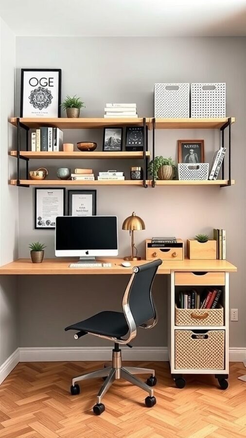 10 Stylish Elements for a Modern Home Office Upgrade 3 A modern home office with creative storage solutions including open shelves, decorative boxes, and a tidy desk.