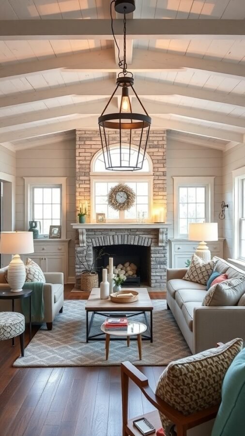 Cozy farmhouse living room with warm lighting and rustic decor