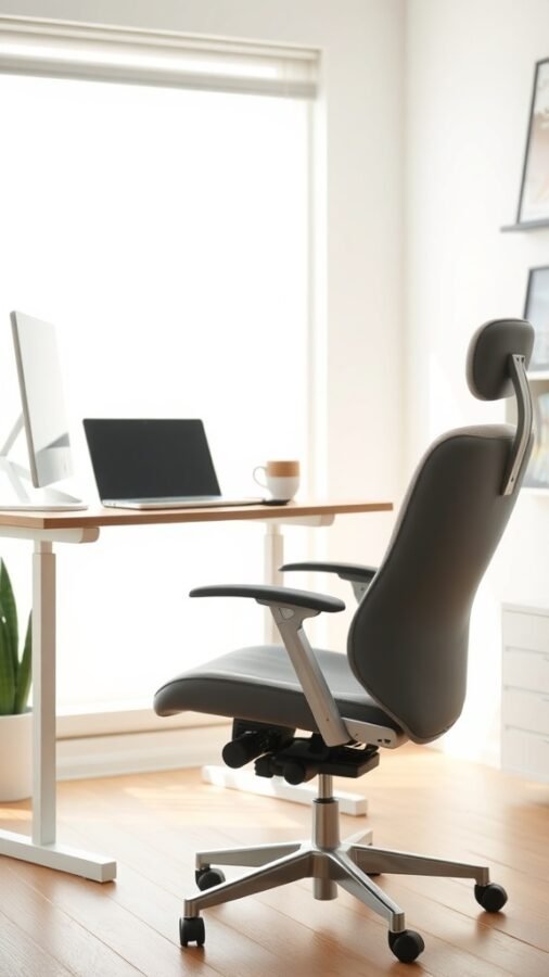 A modern home office setup featuring an ergonomic chair and a sleek desk with a computer and coffee cup.