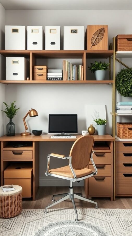 10 Inspiring Home Office Ideas for Maximum Productivity 3 A stylish home office with functional storage solutions, including shelves, drawers, and plants.