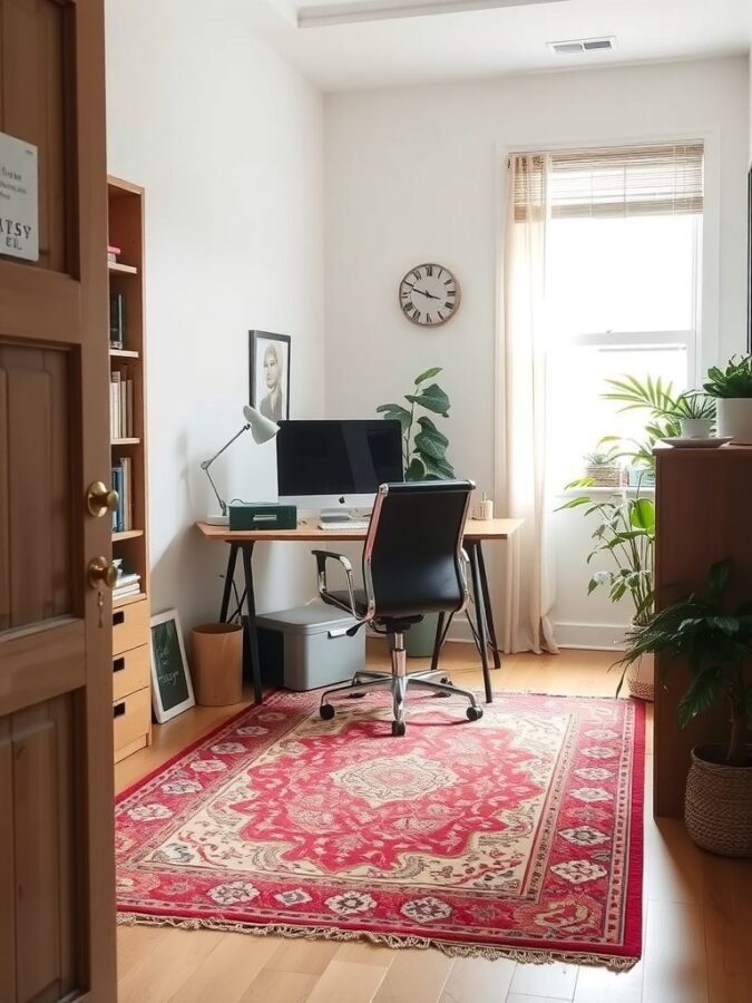 A small home office with a patterned rug, desk, chair, and plants.