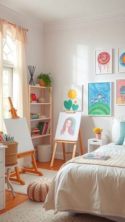 11 Essential Items for a Dreamy Girls' Bedroom Decor 4 A bright and colorful girl's bedroom with easels, artwork on the walls, and a cozy seating area.