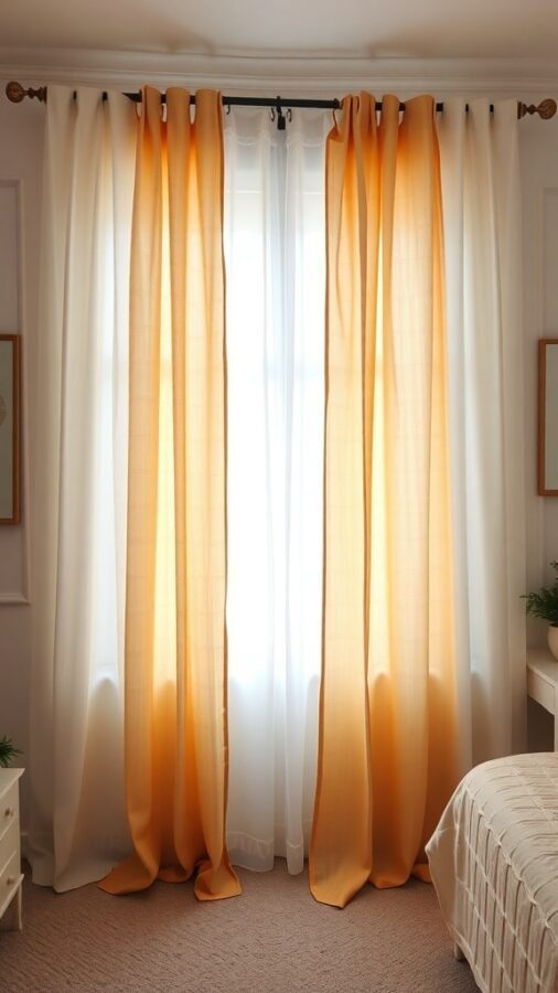 11 Stunning Curtain Ideas to Transform Your Bedroom 4 Layered curtains in a bedroom featuring sheer white and bold orange fabrics.