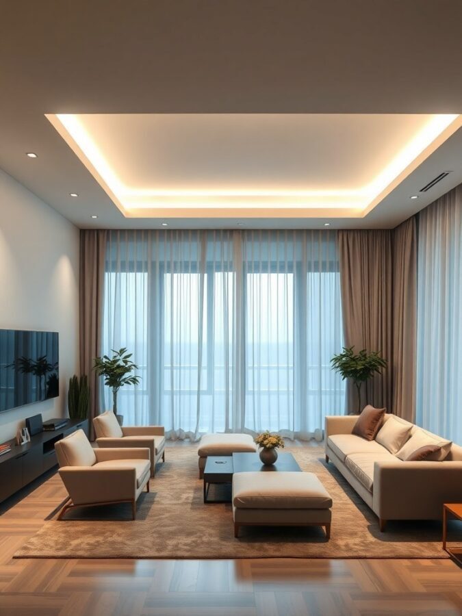 A modern living room with large windows, minimalist furniture, and smart lighting.