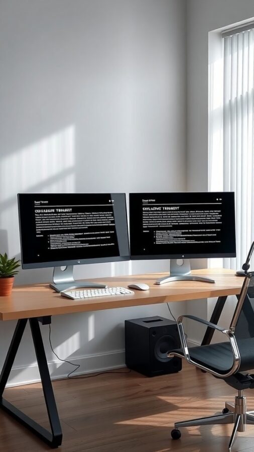A modern double monitor setup in a home office with a wooden desk, black chair, and a speaker.