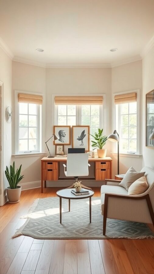 A cozy home office with warm neutral walls, wooden furniture, and natural light.