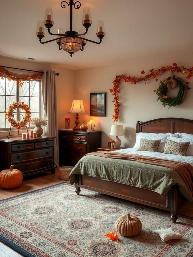 Cozy master bedroom decorated for autumn with pumpkins, leaves, and warm lighting.