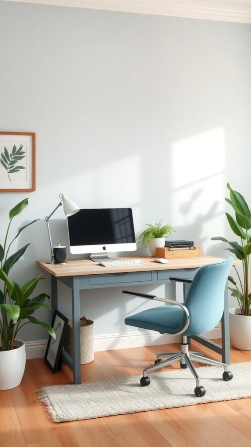 A modern home office desk setup with a computer, plants, and a cozy chair.