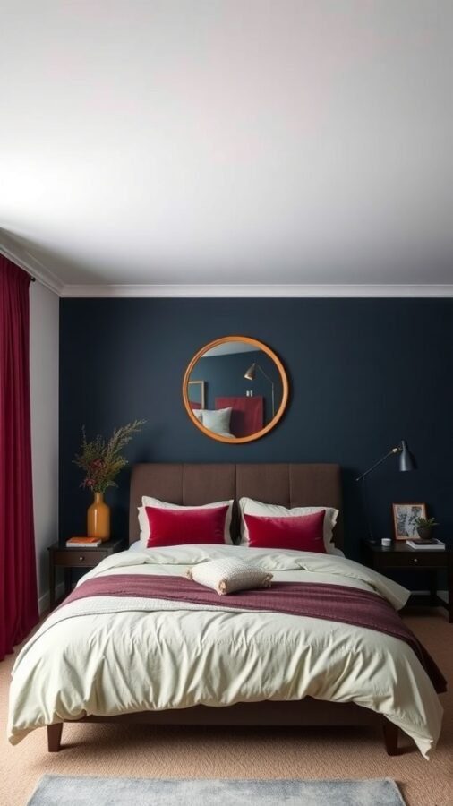 A moody bedroom featuring a dark wall, cozy bedding, and rich color accents.