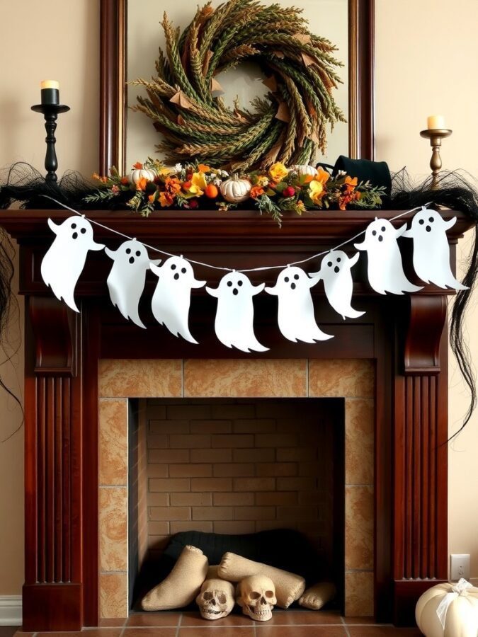 12 Spooktacular Halloween Home Decor Ideas to Transform Your Space 4 A cozy fireplace decorated with a ghost garland, autumn wreath, and seasonal decorations.