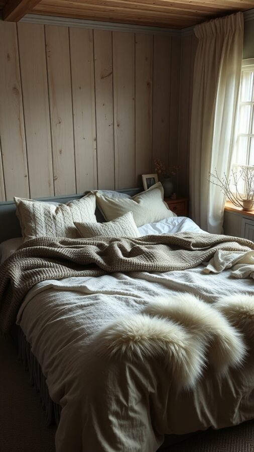 A cozy bedroom with layered bedding, featuring soft textures and warm colors.