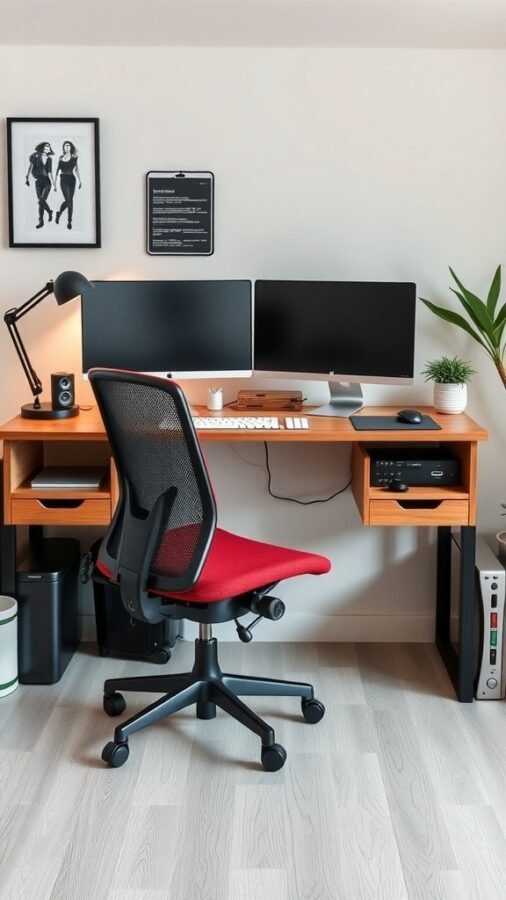 9 Must-Have Items for the Ultimate Home Office for Men 7 An ergonomic desk setup featuring a wooden desk, dual monitors, a red office chair, and decorative plants.