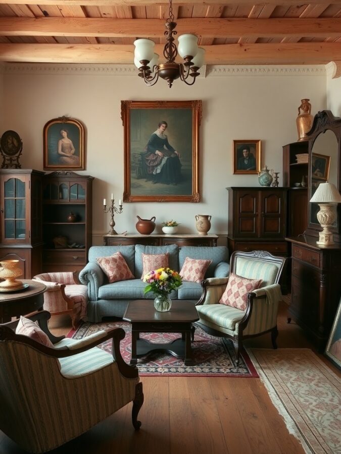 A cozy vintage living room with antique furniture, including a sofa, chairs, and decorative elements.