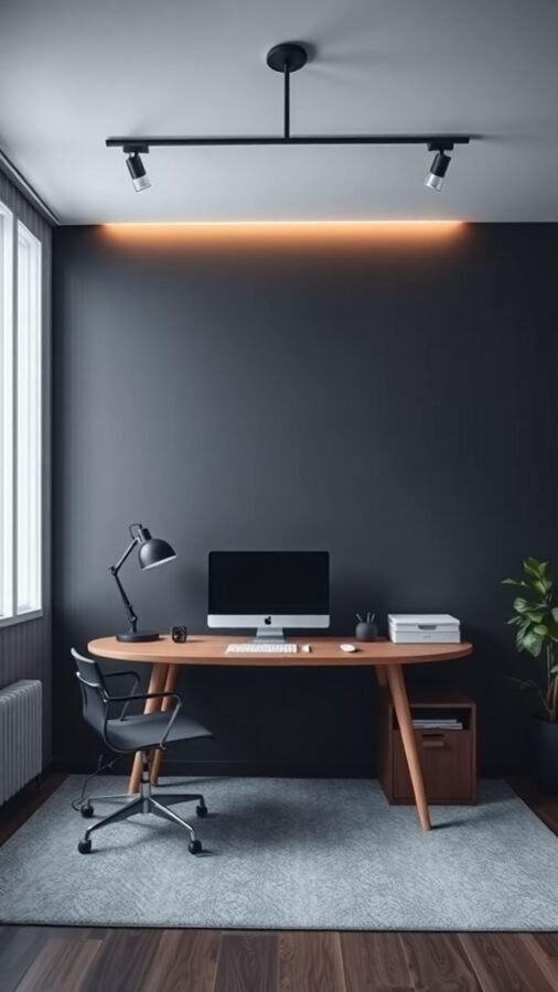 A modern home office with dark gray walls, a wooden desk, and stylish lighting.
