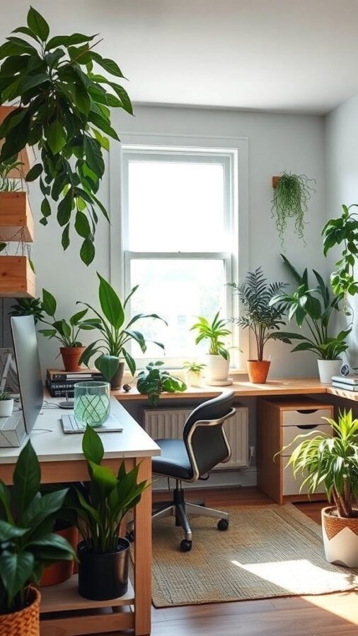 A bright home office filled with various green plants, showcasing a workspace with a desk, chair, and natural light.