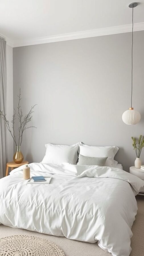 A minimalist bedroom featuring soft grey walls, white bedding, and simple decor.