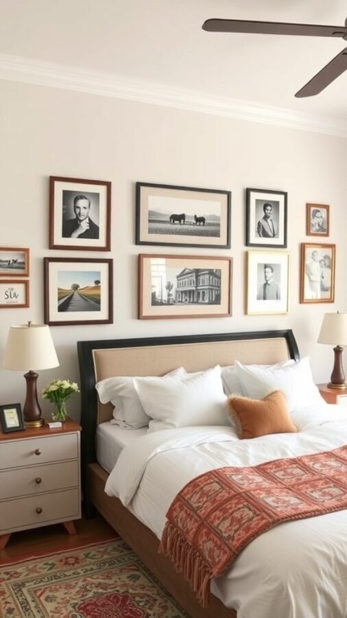 A master bedroom featuring a gallery wall of personalized artwork with various framed photos and art pieces.