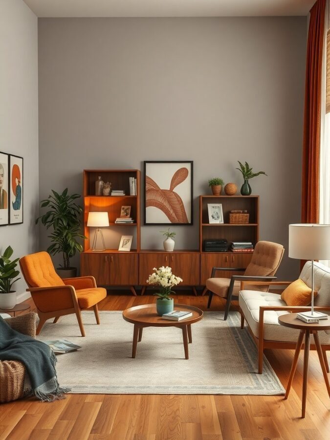 A cozy mid-century modern living room featuring orange chairs, wooden furniture, and warm lighting.